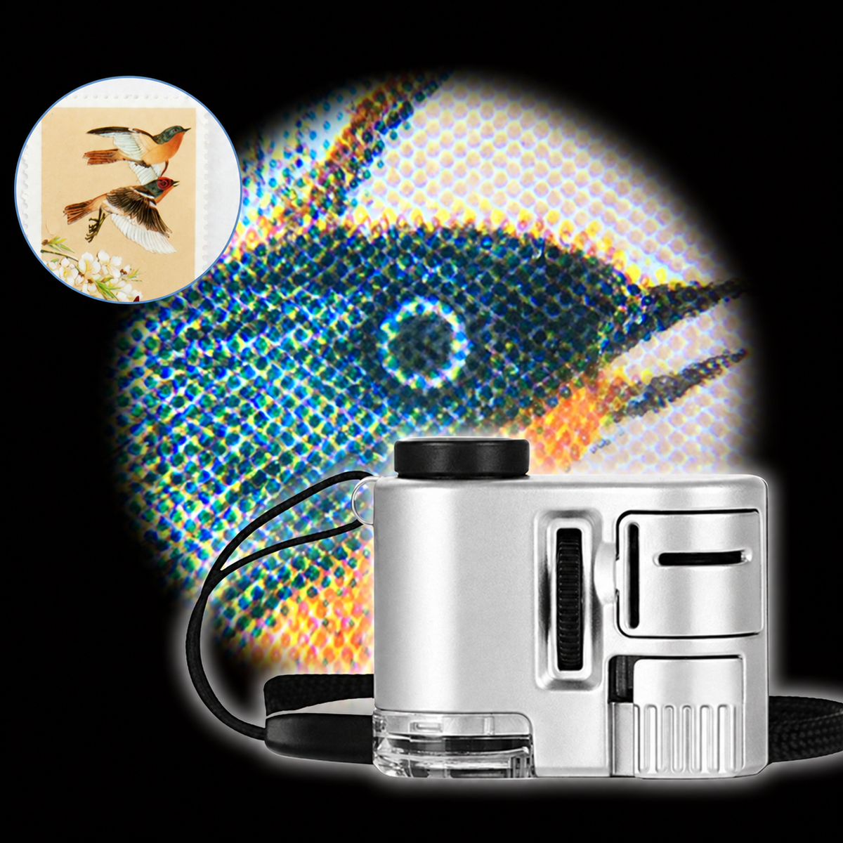 Silverfärgat 60x förstoringsglas med förstorad frimärksdetalj