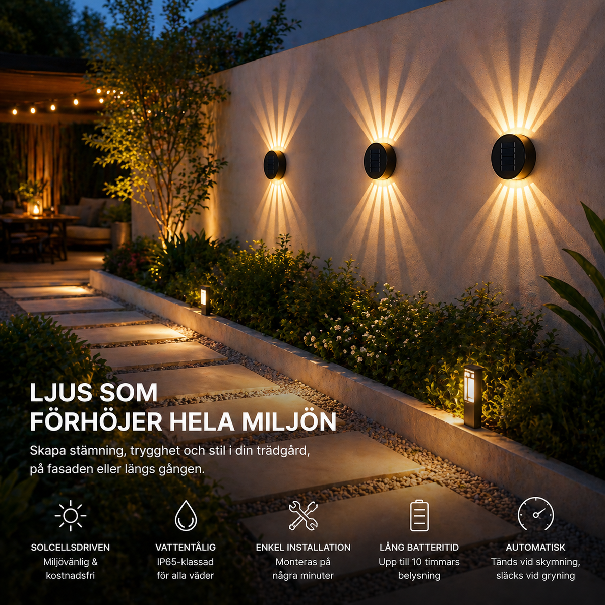 Solcellsvägglampor med rörelsesensor och 360° rotation – 2-pack