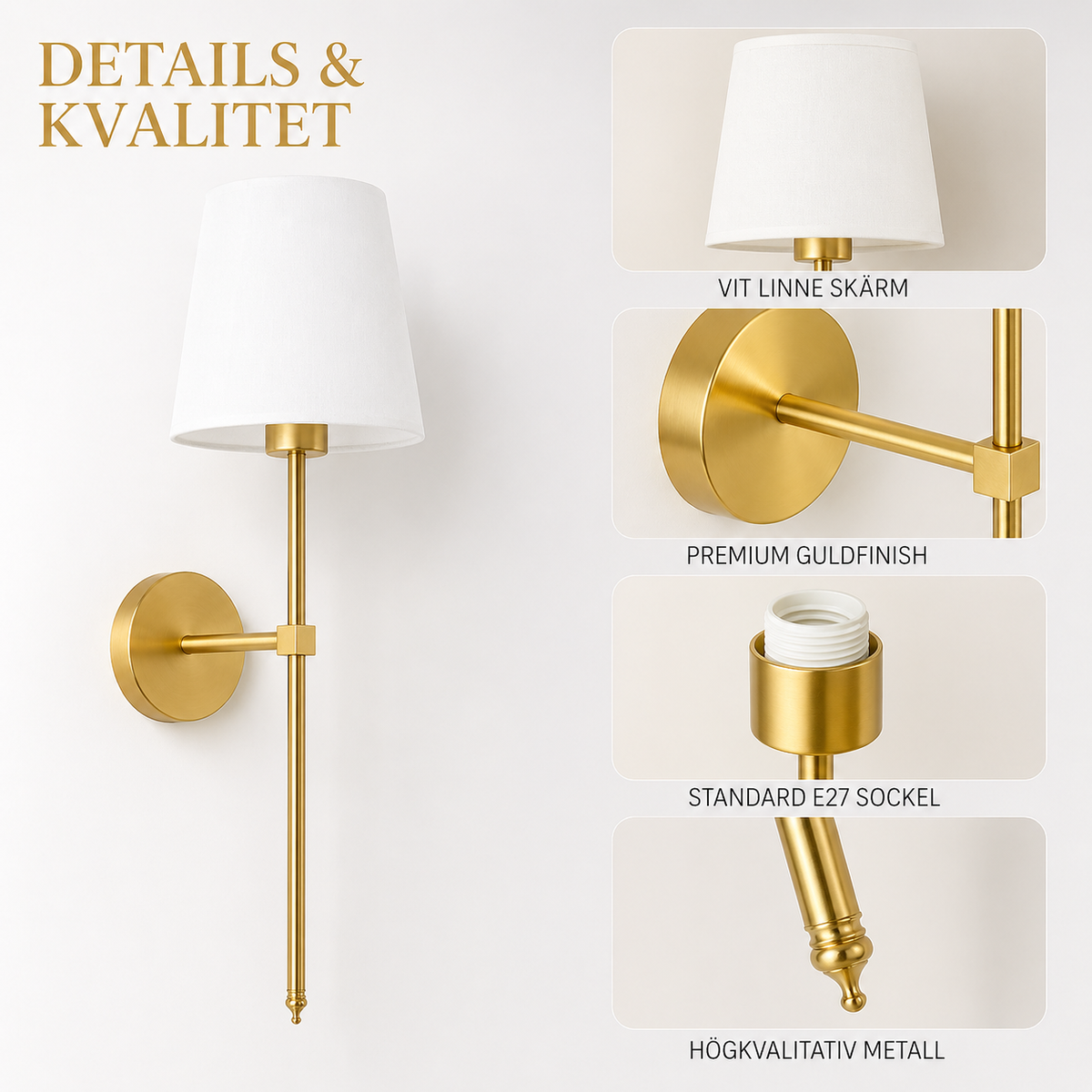 Dimbar vägglampa med linneskärm – slank design i guld eller svart