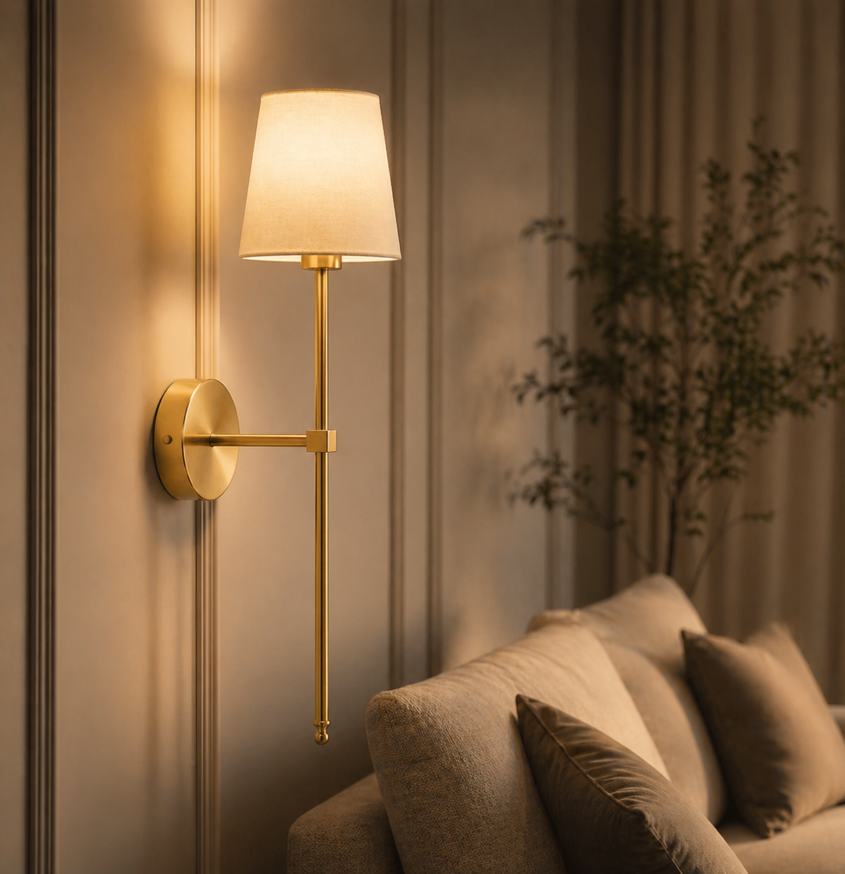 Dimbar vägglampa med linneskärm – slank design i guld eller svart