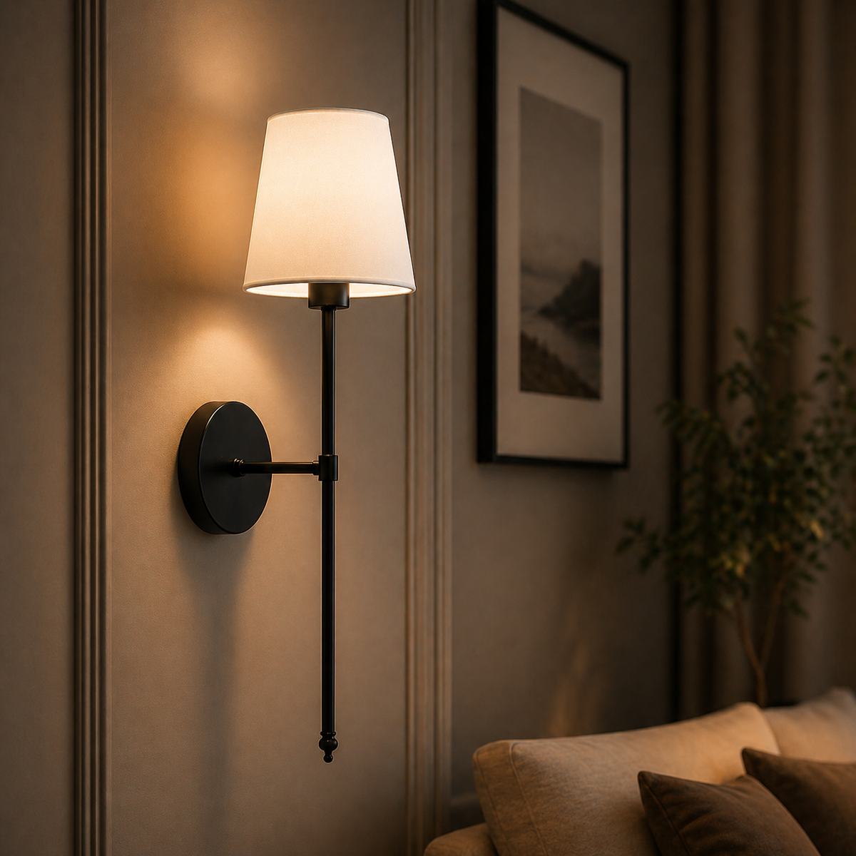 Dimbar vägglampa med linneskärm – slank design i guld eller svart