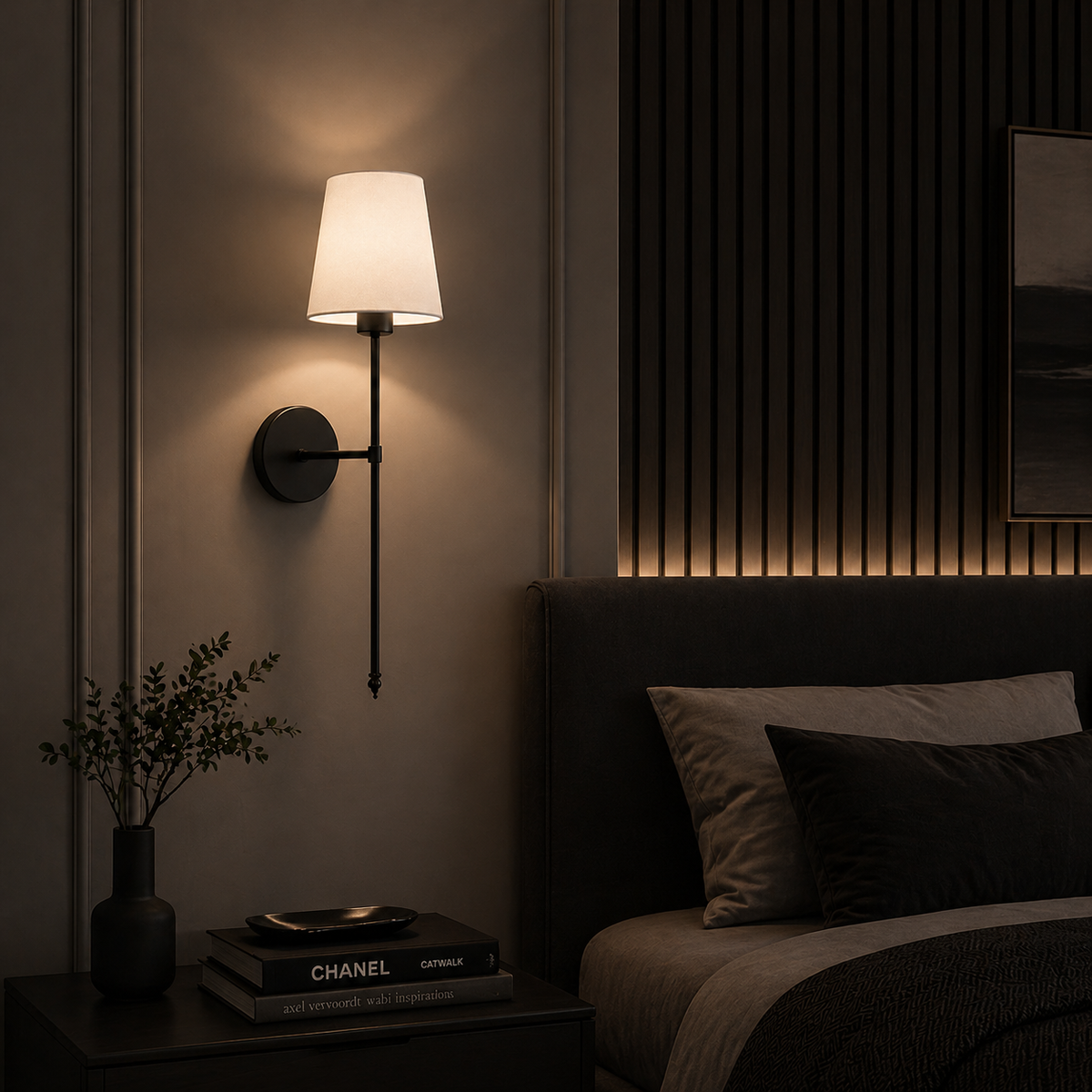Dimbar vägglampa med linneskärm – slank design i guld eller svart