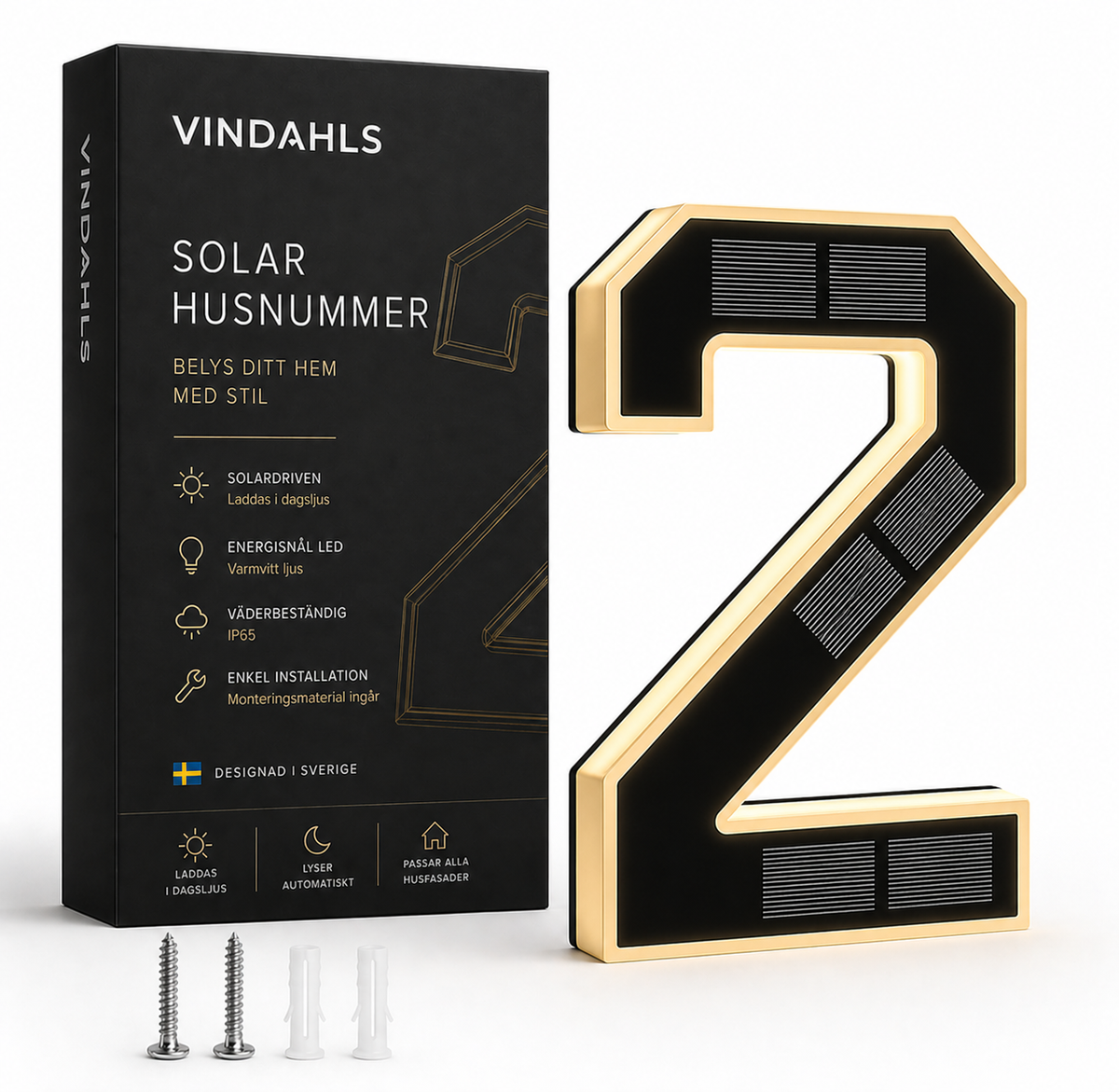 Solcellsdrivna LED-husnummer – belyst husnummer för fasad och entré