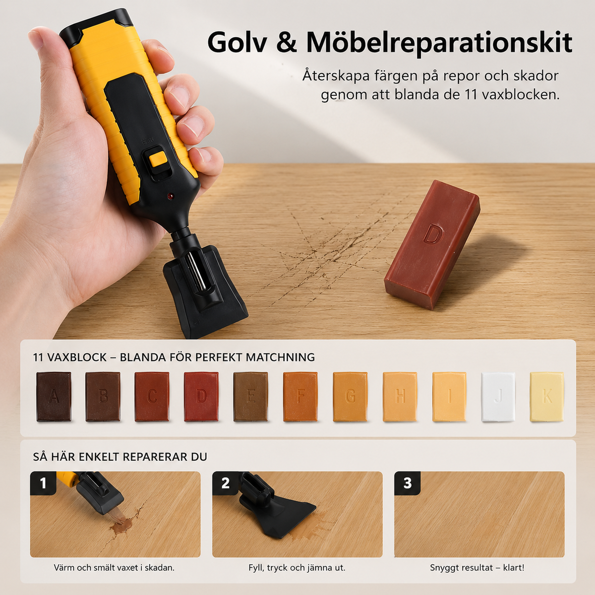 Reparationskit för trägolv och laminat – 11 vaxstift för repor och skador