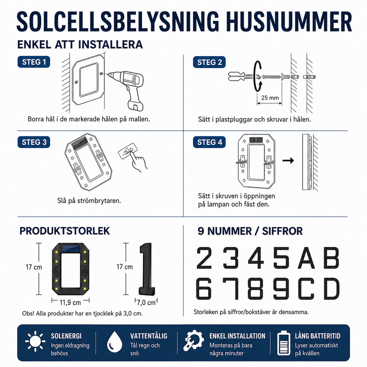 Solcellsdrivna LED-husnummer – belyst husnummer för fasad och entré
