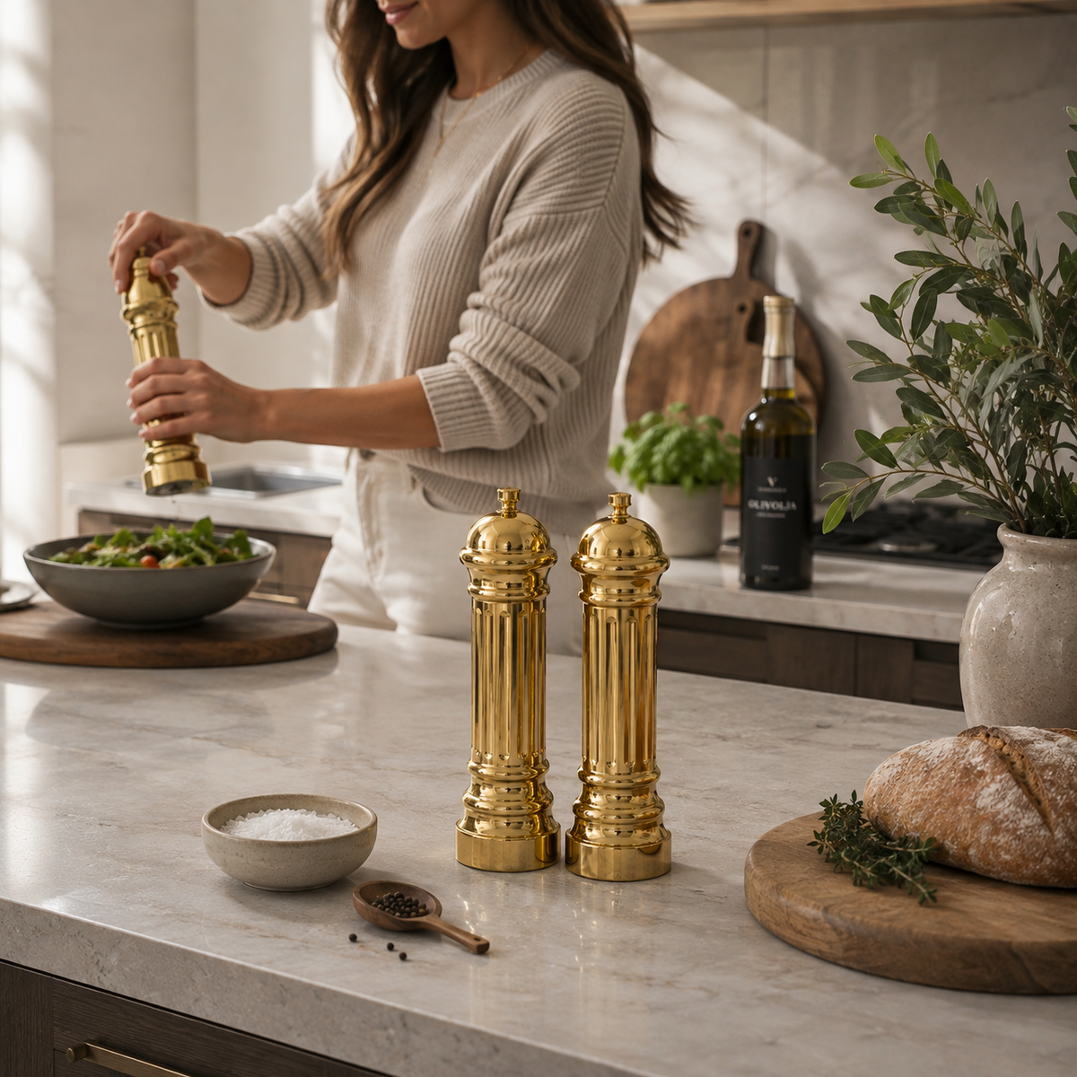 Kryddkvarnar i guldfinish – 2-pack med justerbar malningsgrad