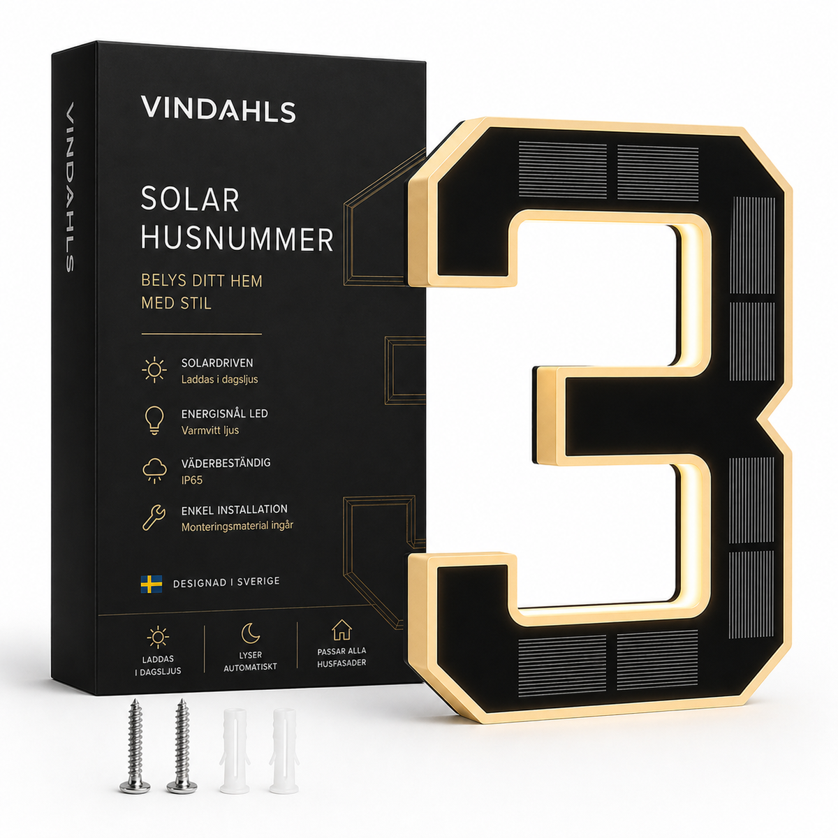 Solcellsdrivna LED-husnummer – belyst husnummer för fasad och entré