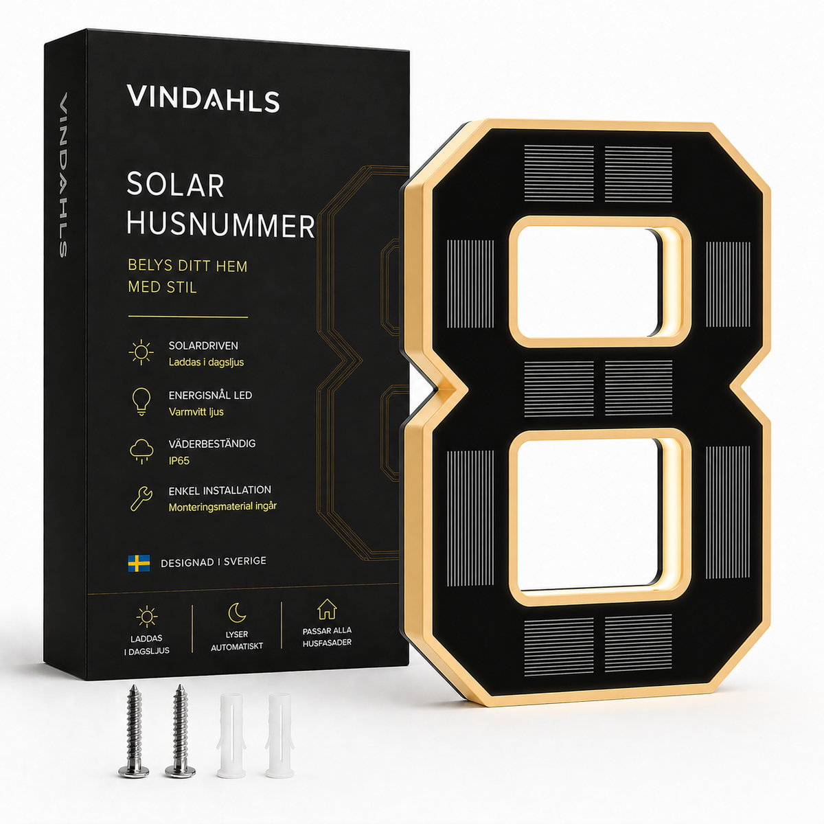 Solcellsdrivna LED-husnummer – belyst husnummer för fasad och entré
