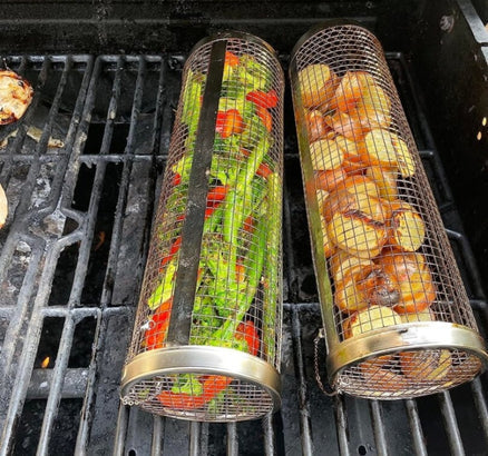 Rullande grillkorg med lock – 2-pack för grönsaker, kött och mindre råvaror
