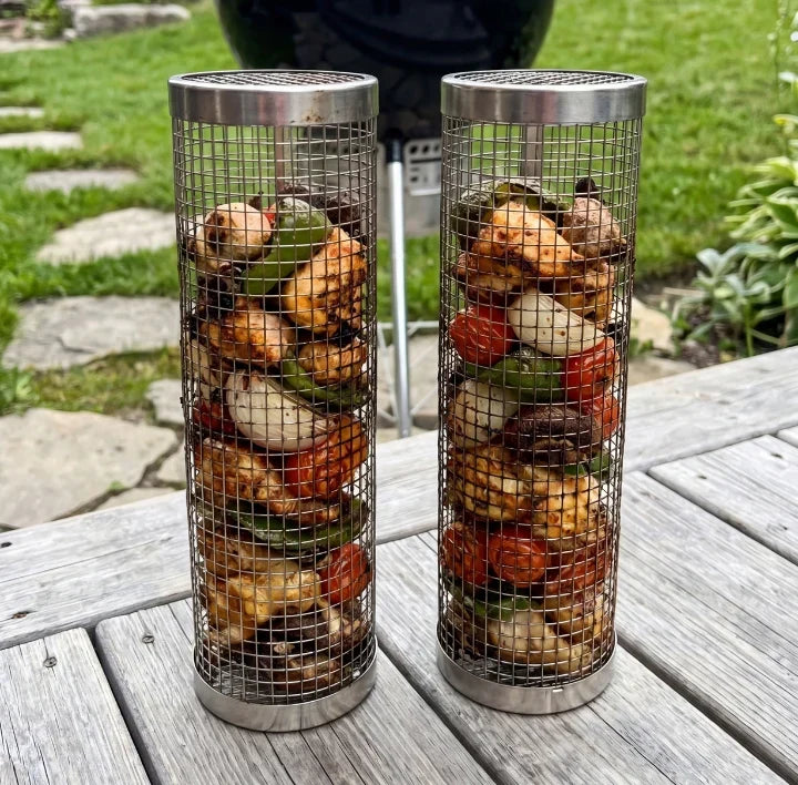 Rullande grillkorg med lock – 2-pack för grönsaker, kött och mindre råvaror