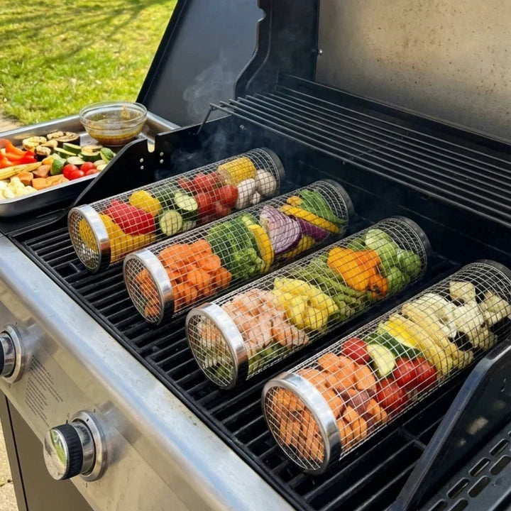 Rullande grillkorg med lock – 2-pack för grönsaker, kött och mindre råvaror
