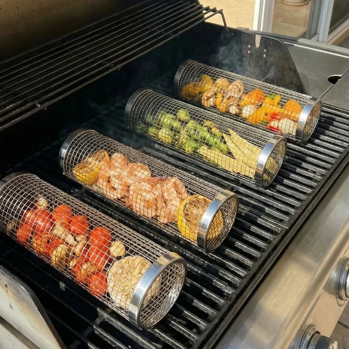 Rullande grillkorg med lock – 2-pack för grönsaker, kött och mindre råvaror