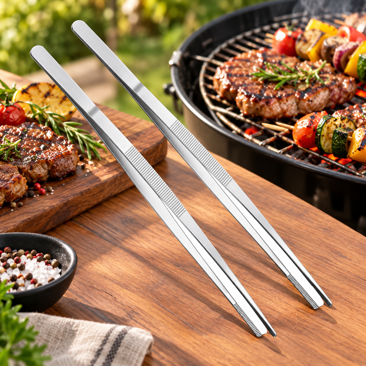 Långa grillpincetter i rostfritt stål vid grill