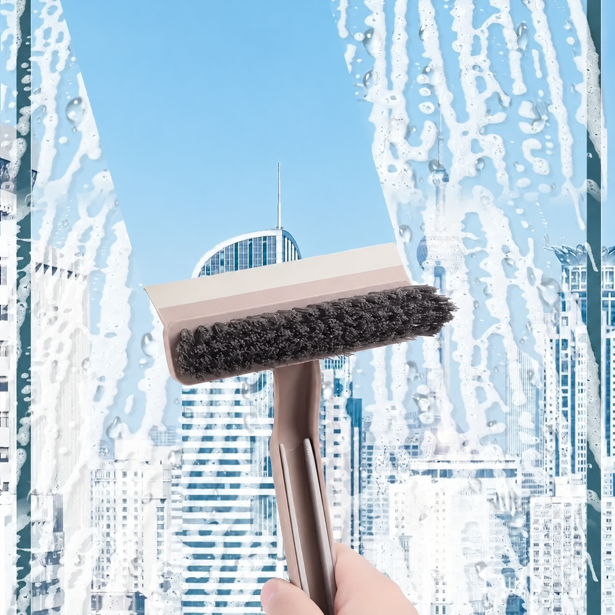 Beige rengöringsborste på fönster