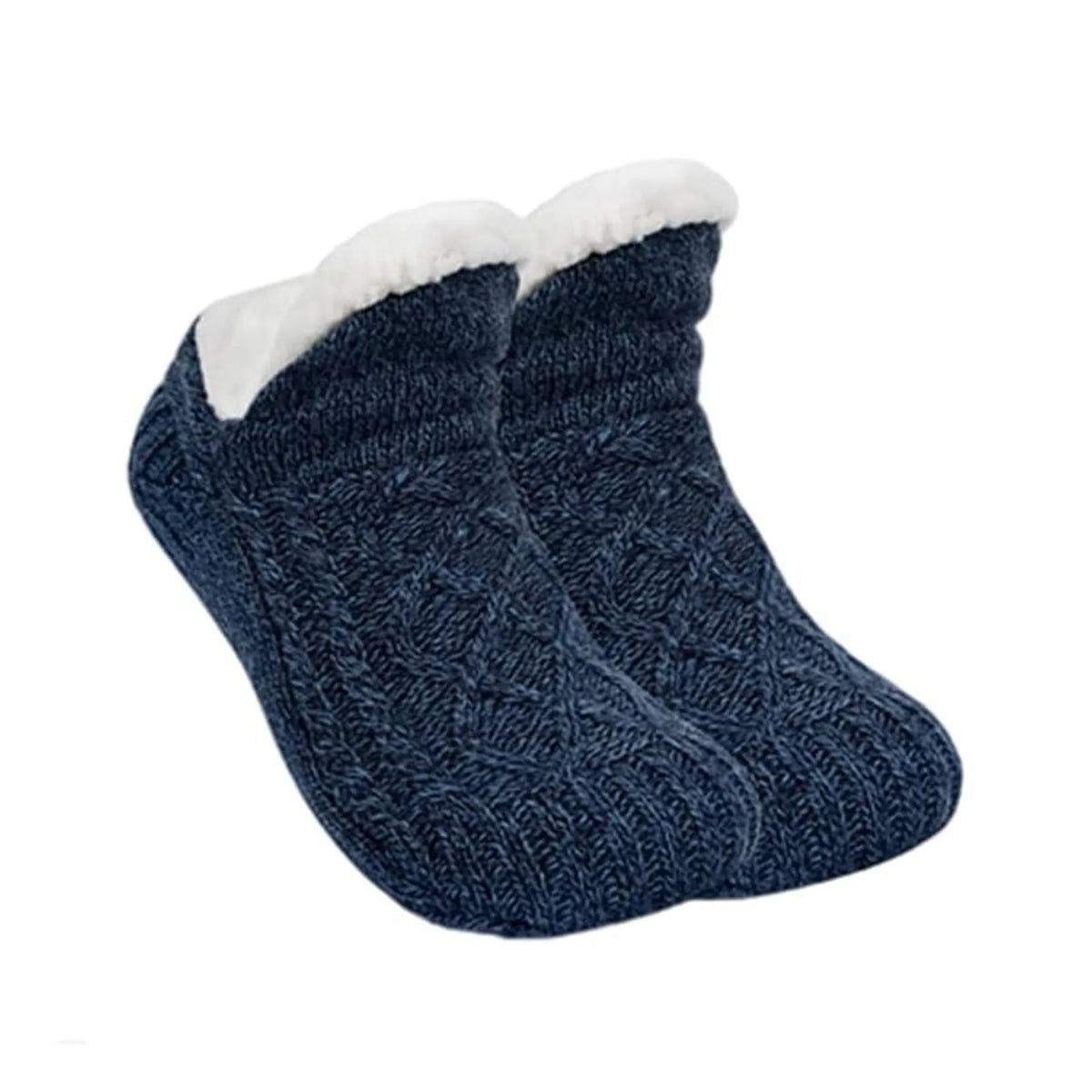 Marinblå stickade toffelsockor med vitt foder