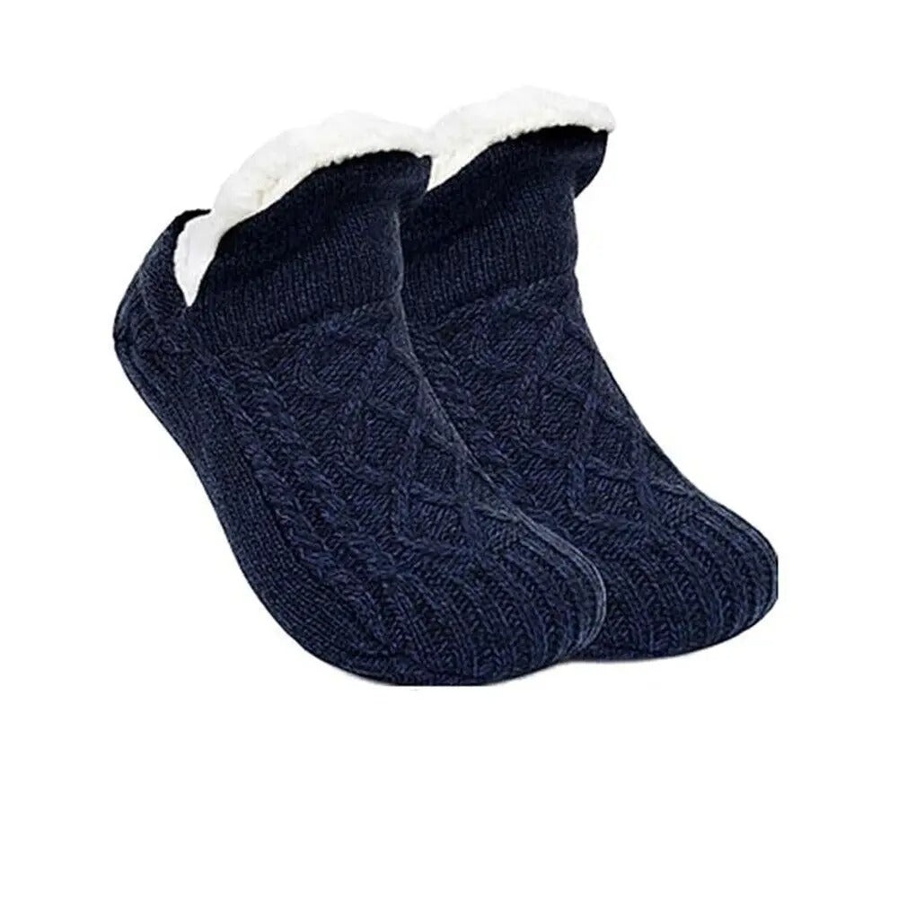 Mörkblå stickade toffelsockor med vitt foder